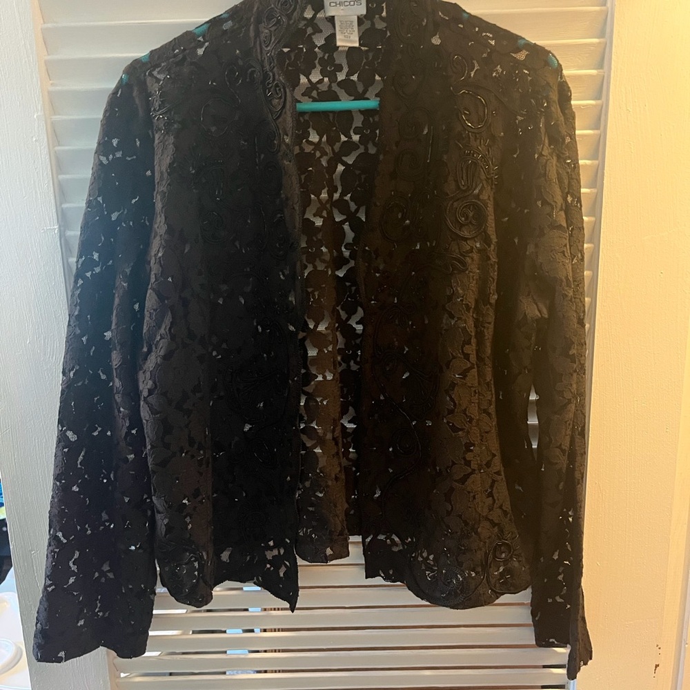 Chico's Black Floral Lace Open Jacket